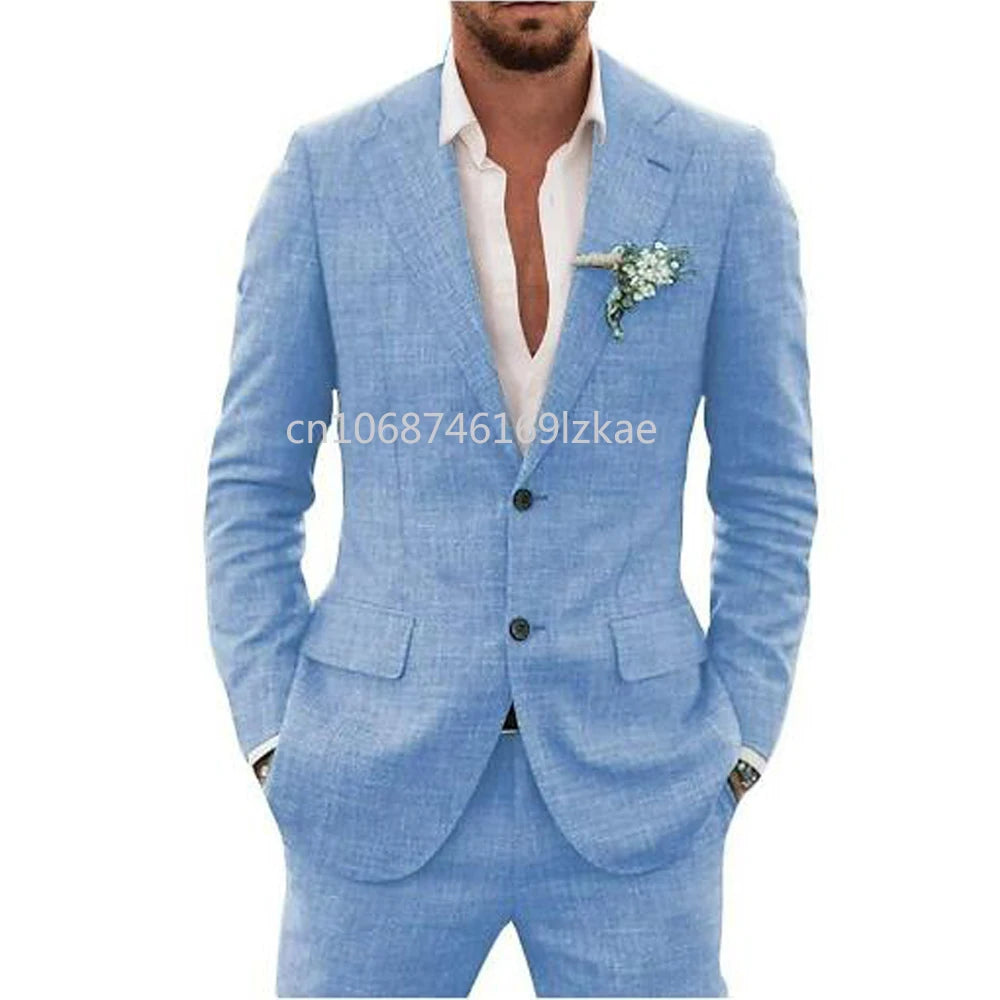 2024  Linen Suiting Fabric Full Men's Suit Lapel Collar Single-breasted 2 Piece Set Elegant Man Suits High Quality Blazer