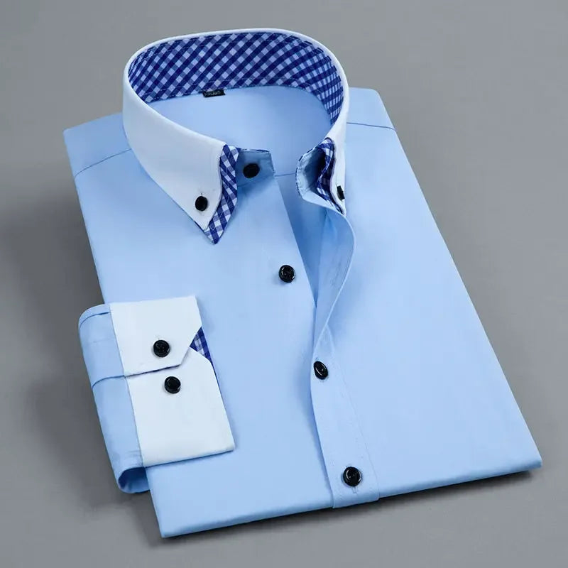Mens Dress Shirt Long Sleeve Non Iron Fashion Double Layer Business Formal Regular Fit Office Camisa Social Solid Button Shirts