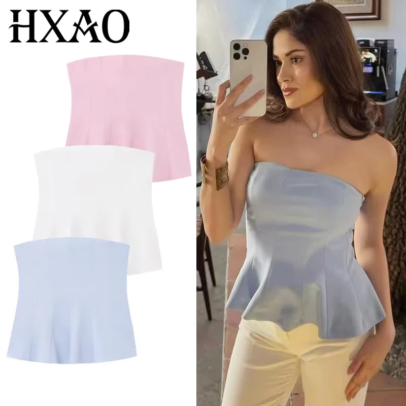 HXAO Strapless Corset Top Women 2025 Tanks & Camis Pink White Blue Top Ruffled Off Shoulder Backless Tank Top Cute Tube Tops 066