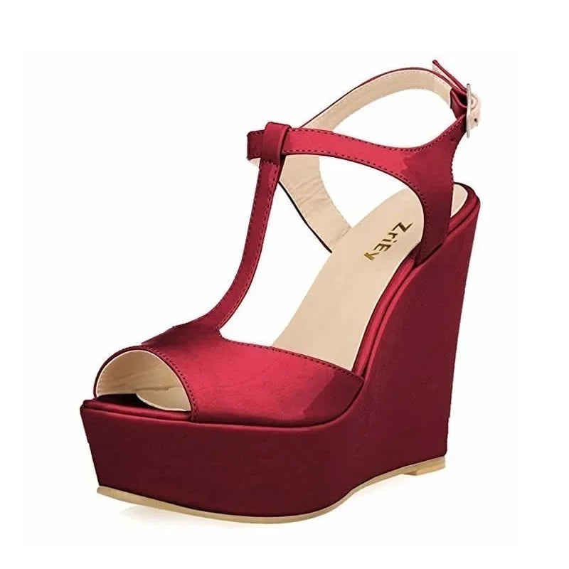 Women Wedge Sandals 2026 New Summer 14cm Open Toe Sexy Ankle Strap High Heels Patent Leather Platform Pumps Party Wedding Shoes