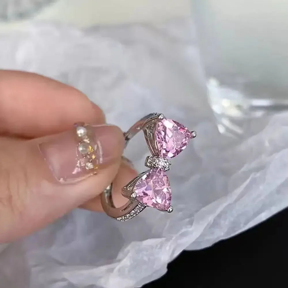 2pcs Set Fashion Bowknot Necklace Rings Set Crystal Bow Knot Pendant Necklaces Adjustable Bow Rings Fairy Shiny Pink Jewelry