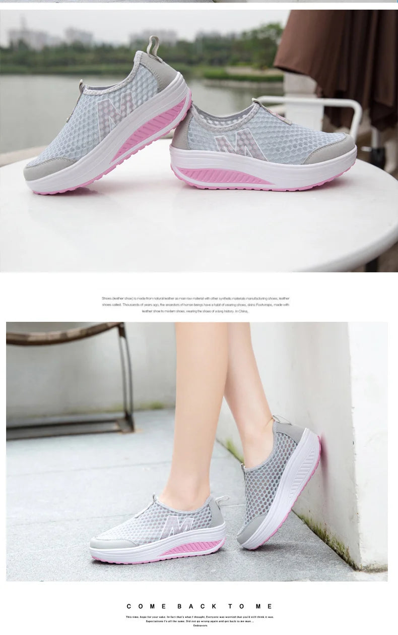 Women Mesh Flat Shoes Sneakers Women Swing Wedge Hollowed Out Slip-on Shoes Women Platform Breathable Lightweigt Vulcanization