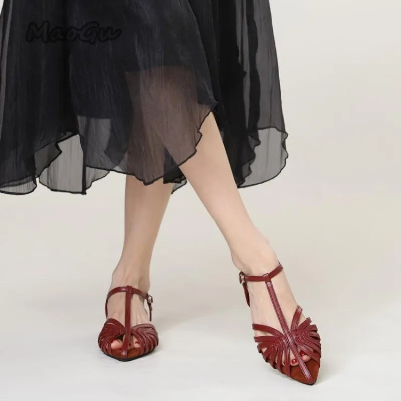 Low Heeled Sandals Fashion Women Gladiator Shoes 2025 Summer Pointed Toe Roman Sandals Footwear Size42 Sandalias De Mujer