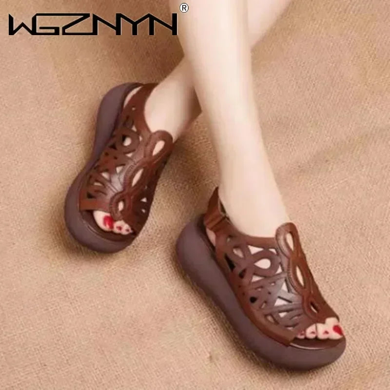 Designer Women Sandals Soft Leather Wedges Shoes for Women Summer Retro Sandals Luxury Casual Shoes Female Heels Wedge Sandalias