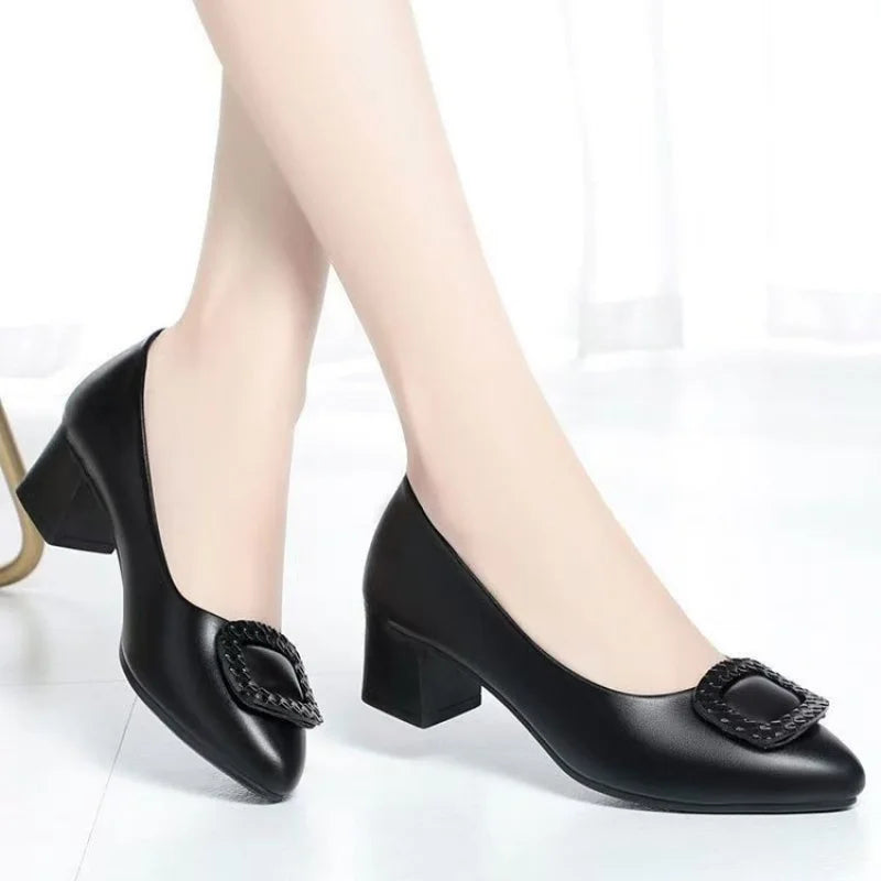 Women's Heeled Pumps—PU Leather Slip-On Dress Shoes, Lightweight Walking Shoes, Suitable for Mothers, Office Wear, and Everyday