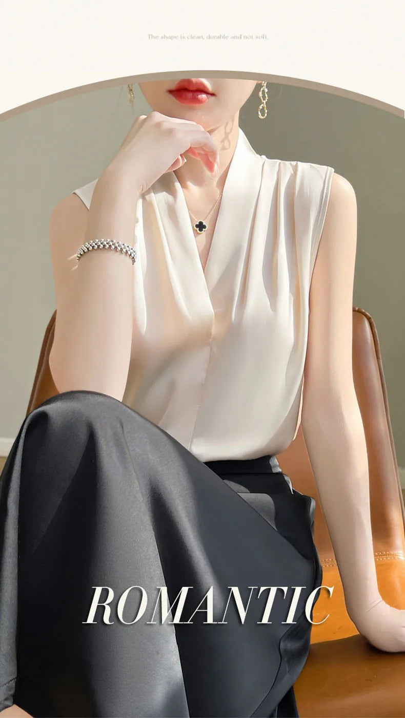 Womens Tops Blouses Solid Color White Satin Blouse Office Shirt Blusas Sleeveless Women Shirts Black White Female YTM A31