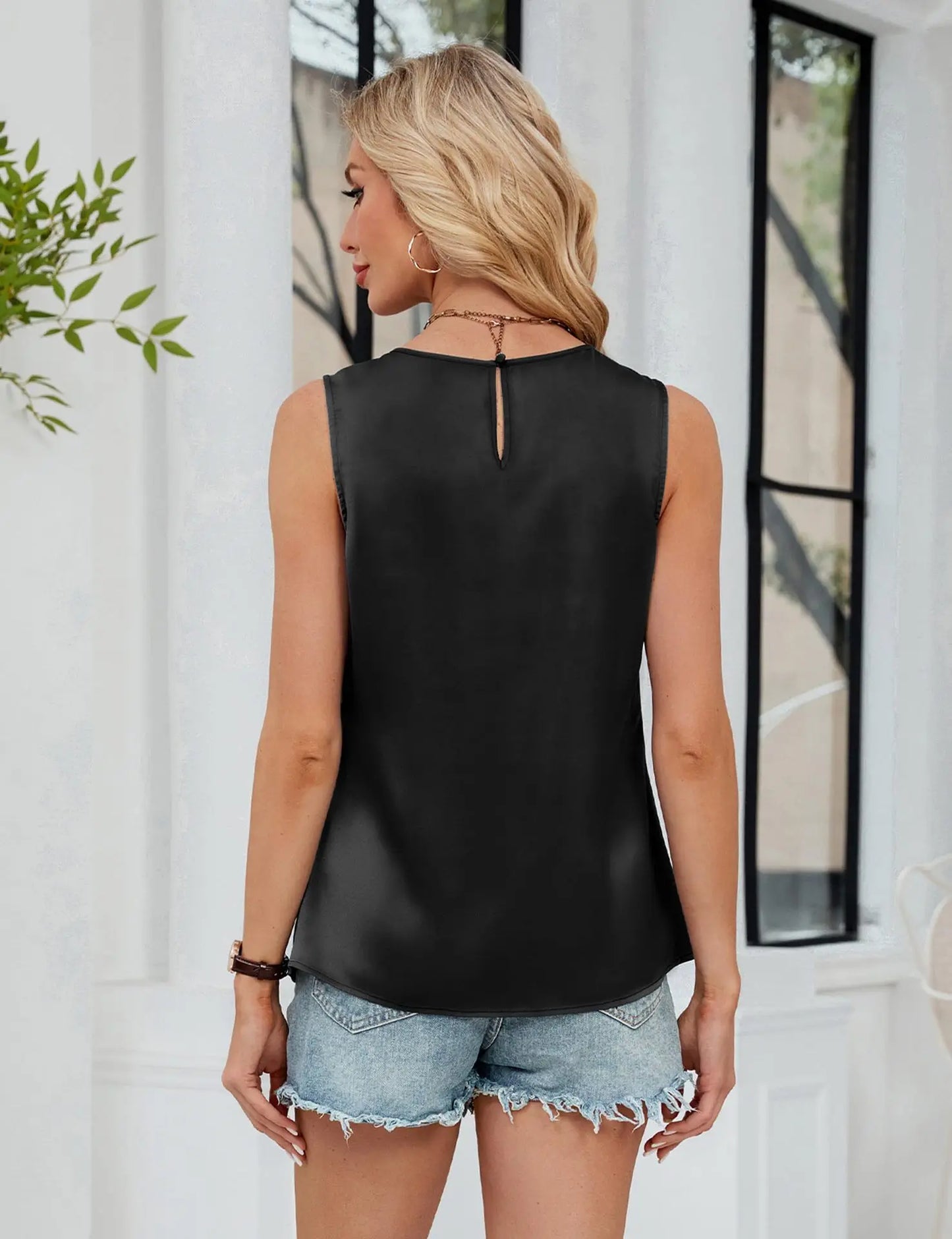 Womens Satin Pleated Sleeveless Blouse Round Neck Casual Office Wear Multiple Colors Available