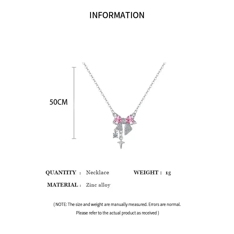 2pcs Set Fashion Bowknot Necklace Rings Set Crystal Bow Knot Pendant Necklaces Adjustable Bow Rings Fairy Shiny Pink Jewelry