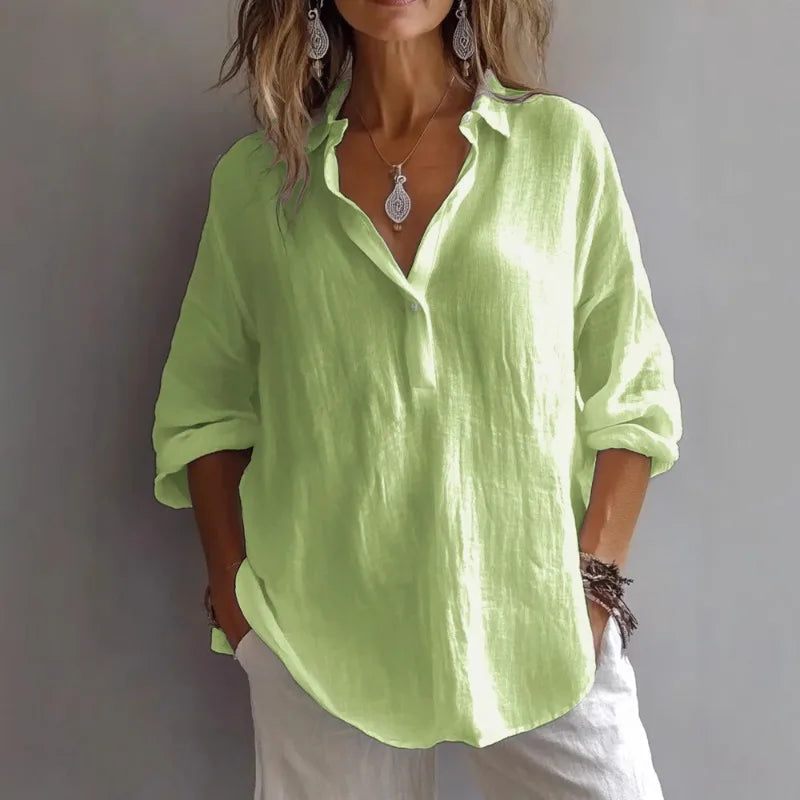 Women Cotton Linen Blouse Long Sleeve Turn Down Collar Solid Color Casual Loose Shirt Summer Breathable Office Lady Tops
