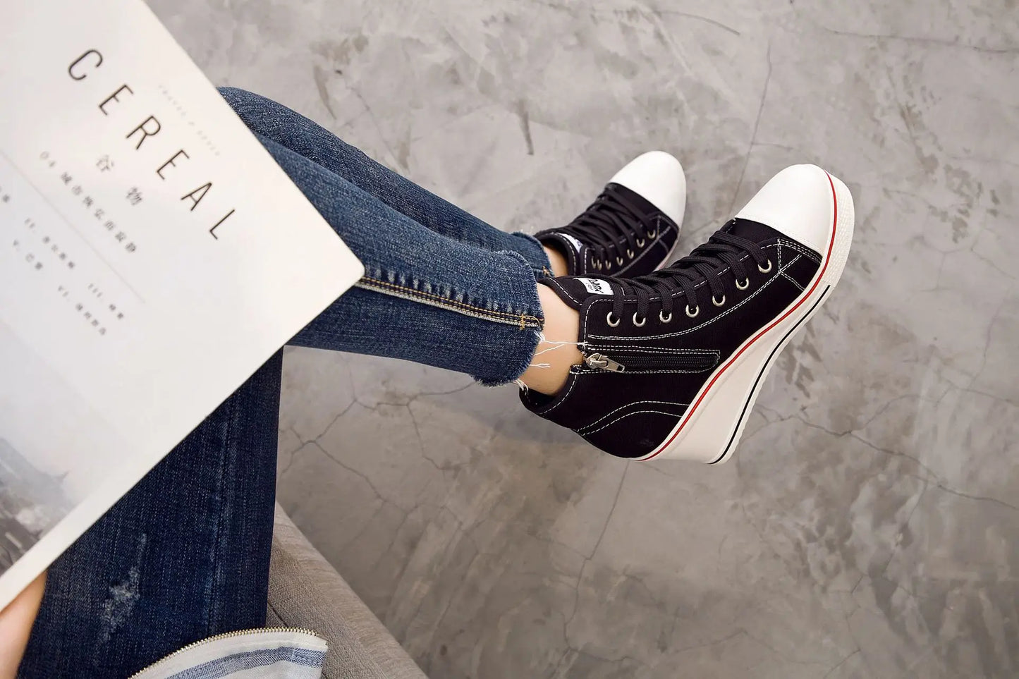 Wedge Heel Casual Shoes for Women New Canvas Shoes Side Zipper High Heel Lace Up Shoes Woman's Heightening Platform Sneakers