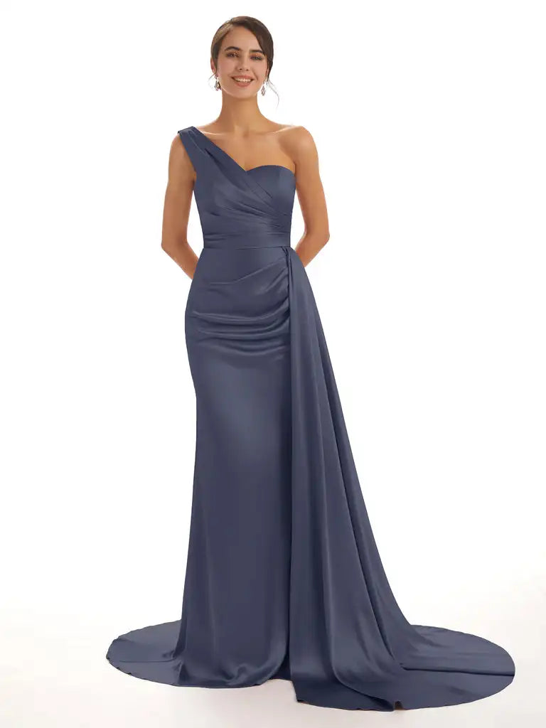 Satin One-Shoulder Bridesmaid Dresses Pleats Backless Sweep Train Formal Dress Elegant Sleeveless Bodycon Wedding Evening Gowns