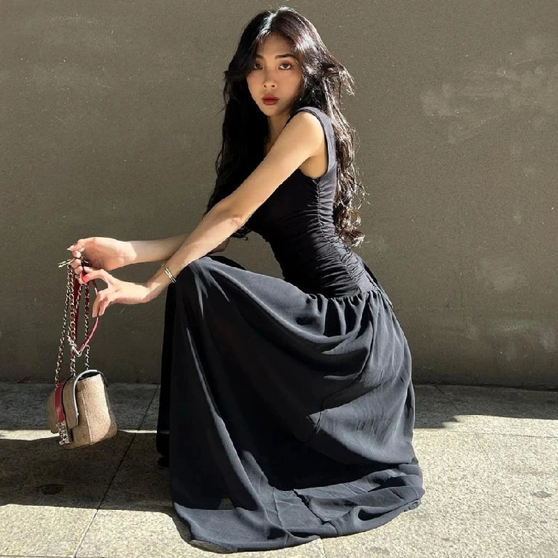 WhereMery Elegant Slip Long Dresses Sexy Women Ruched Bodycon Solid Maxi Dress Spring Y2K Summer Temperament High-waist Vestidos