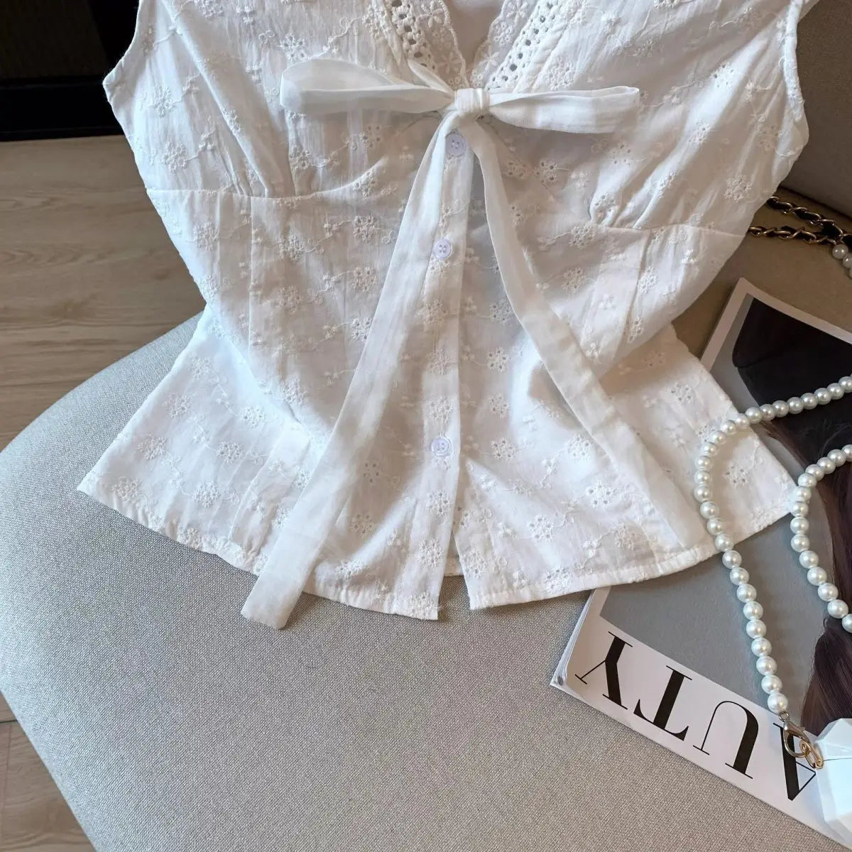 Women's White Floral Embroidery Blouse with Shirts Tie-Waist Detail Blouse