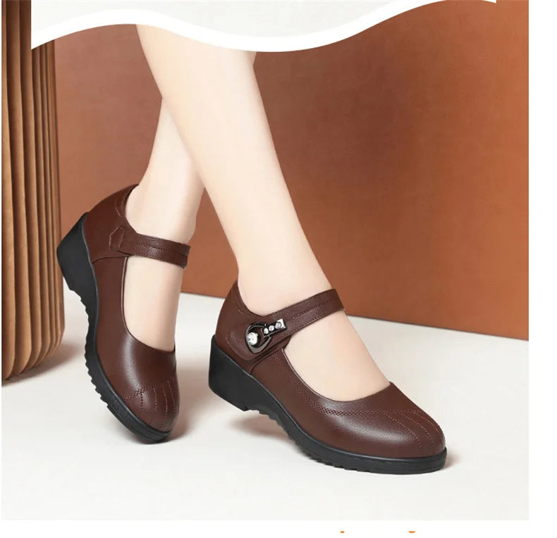 Women's Wedge Anti-slip  Ankle Strap Casual Office Comfortable Soft Leather Shallow Mouth Mom Shoes  Middle-aged Elderly