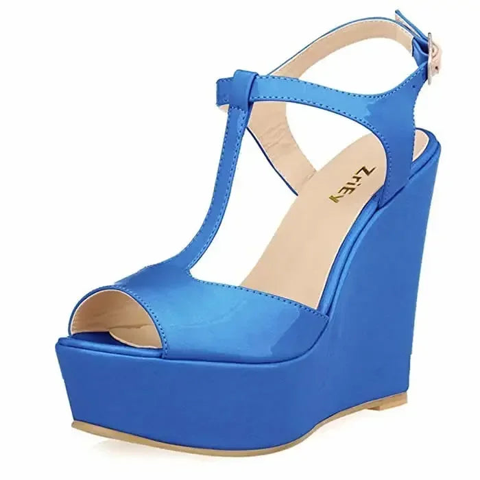Women Wedge Sandals 2026 New Summer 14cm Open Toe Sexy Ankle Strap High Heels Patent Leather Platform Pumps Party Wedding Shoes