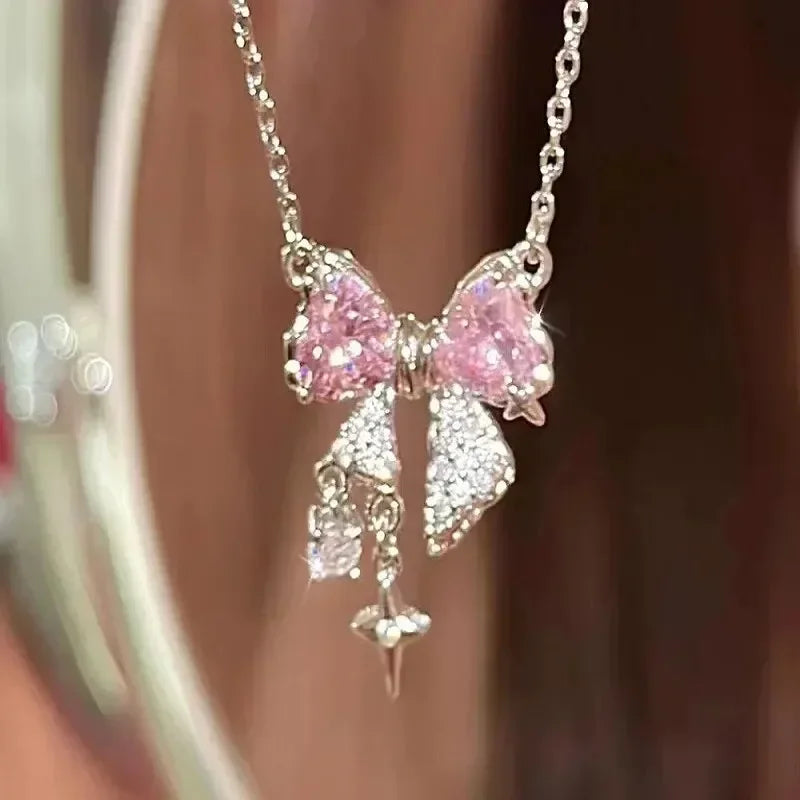 2pcs Set Fashion Bowknot Necklace Rings Set Crystal Bow Knot Pendant Necklaces Adjustable Bow Rings Fairy Shiny Pink Jewelry