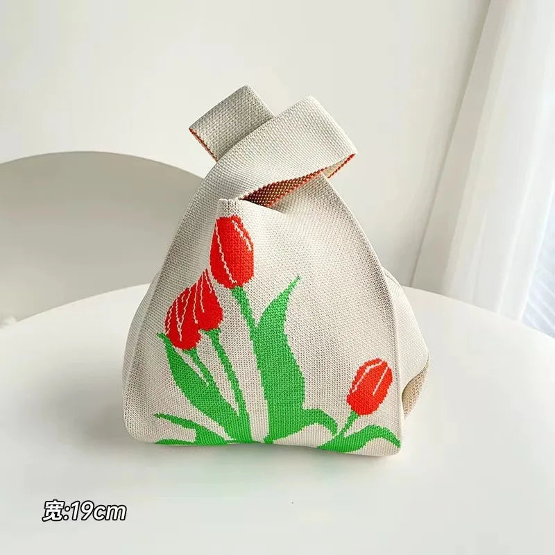 Women'S Knot Wrist Tote Bags Handmade Knitted Bag Portable Mini Striped Bucket Phone Bags Large Capacity Spring Summer Handbags