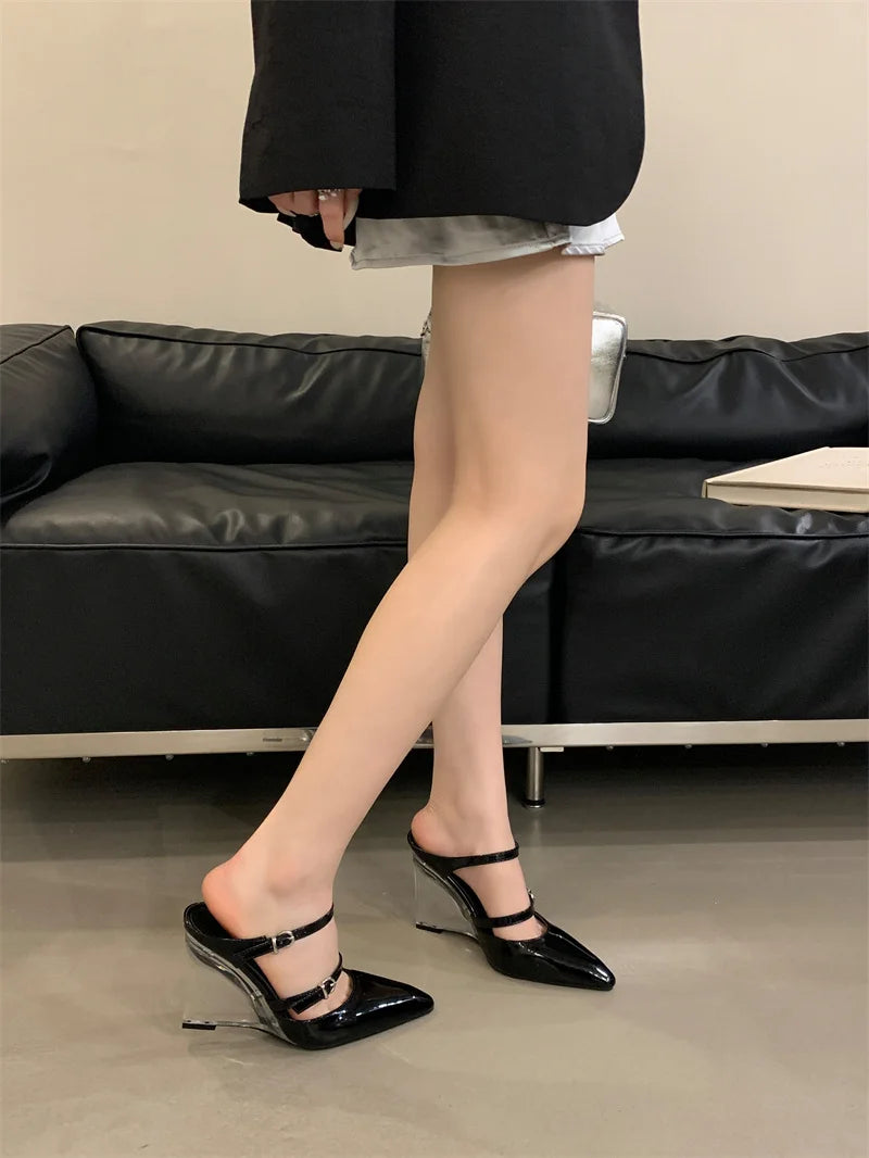 Liyke New Fashion Transparent Wedge Slippers Women Pumps Patent Leather Pointed Toe Buckle Strap Designer High Heels Mules Shoes