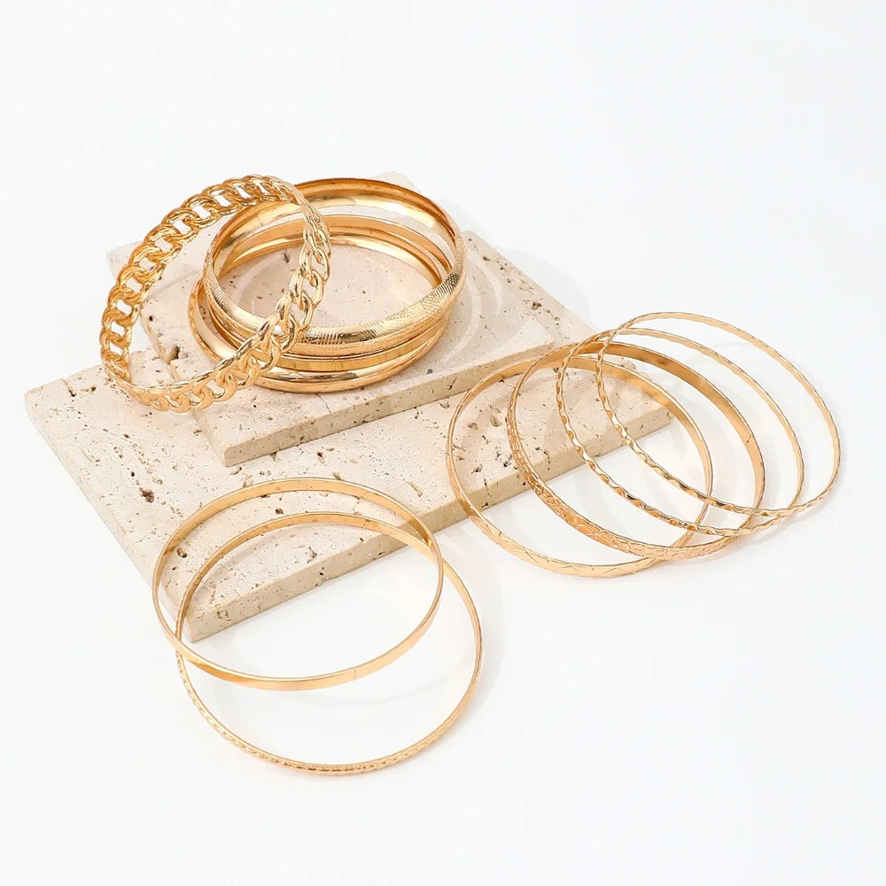 10pcs/set Metal Bangles Set For Women Heavy Punk New Styles Hiphop Textured Fashion Bracelets Jewelry Accessories