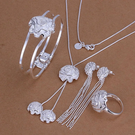 wedding 925 silver color jewelry female noble roses ring necklace bracelet bead chain Stud Earrings fashion  sets