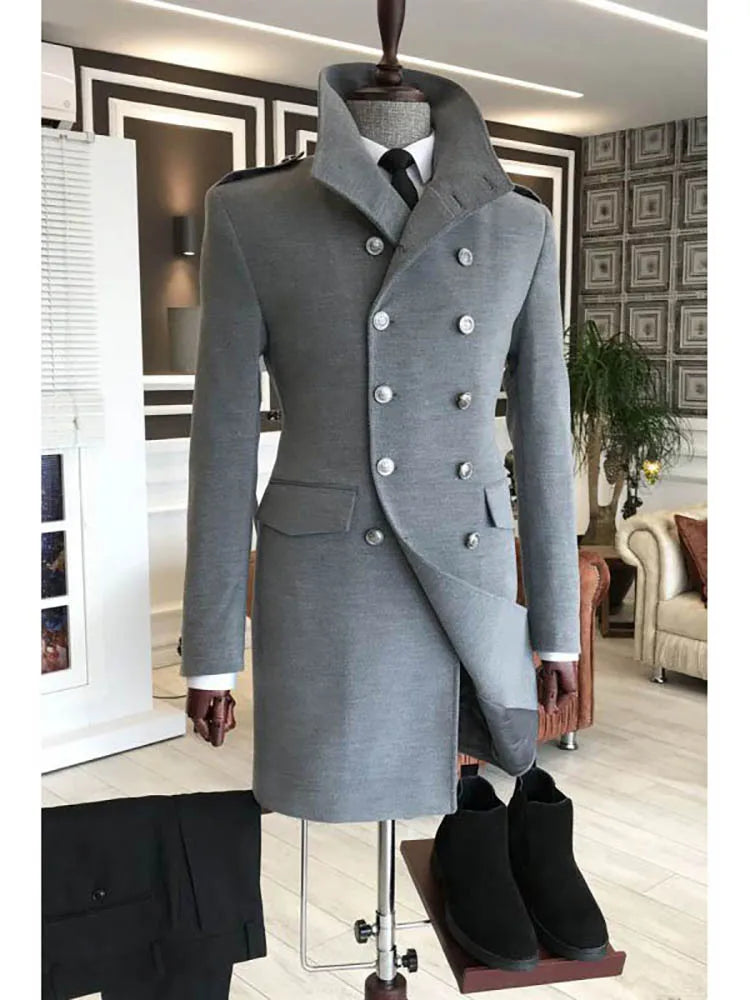 Casual Men's Suits 2 Piece Jacket Pants Grey Double Breasted Stand Lapel Luxury Blazer