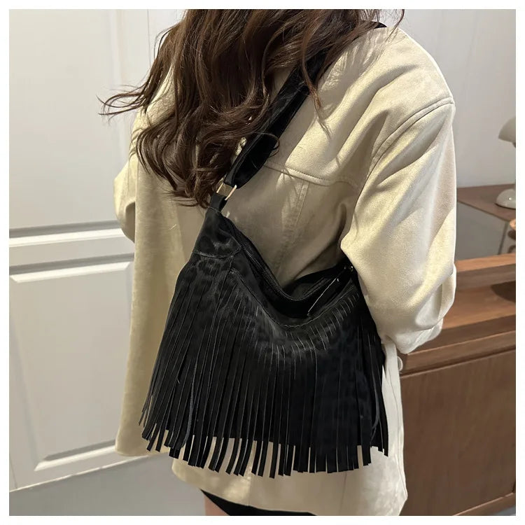 Women's Fashion Handbags Retro Leopard Print Tassel Shoulder Bag Casual Tote Bag Purses and Handbag Ladies Hand Bags