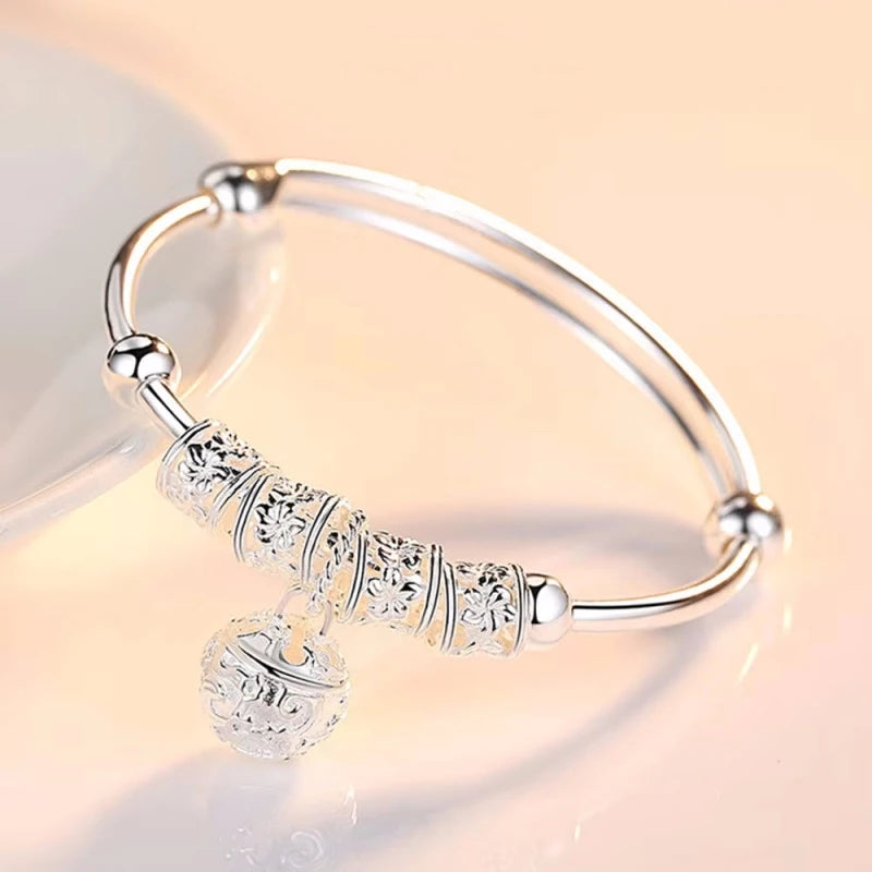 Fine 925 Sterling Silver Hollow Bells Ball Bangles Adjustable Bracelets for Women Fashion Holiday Gifts Party Wedding Jewelry