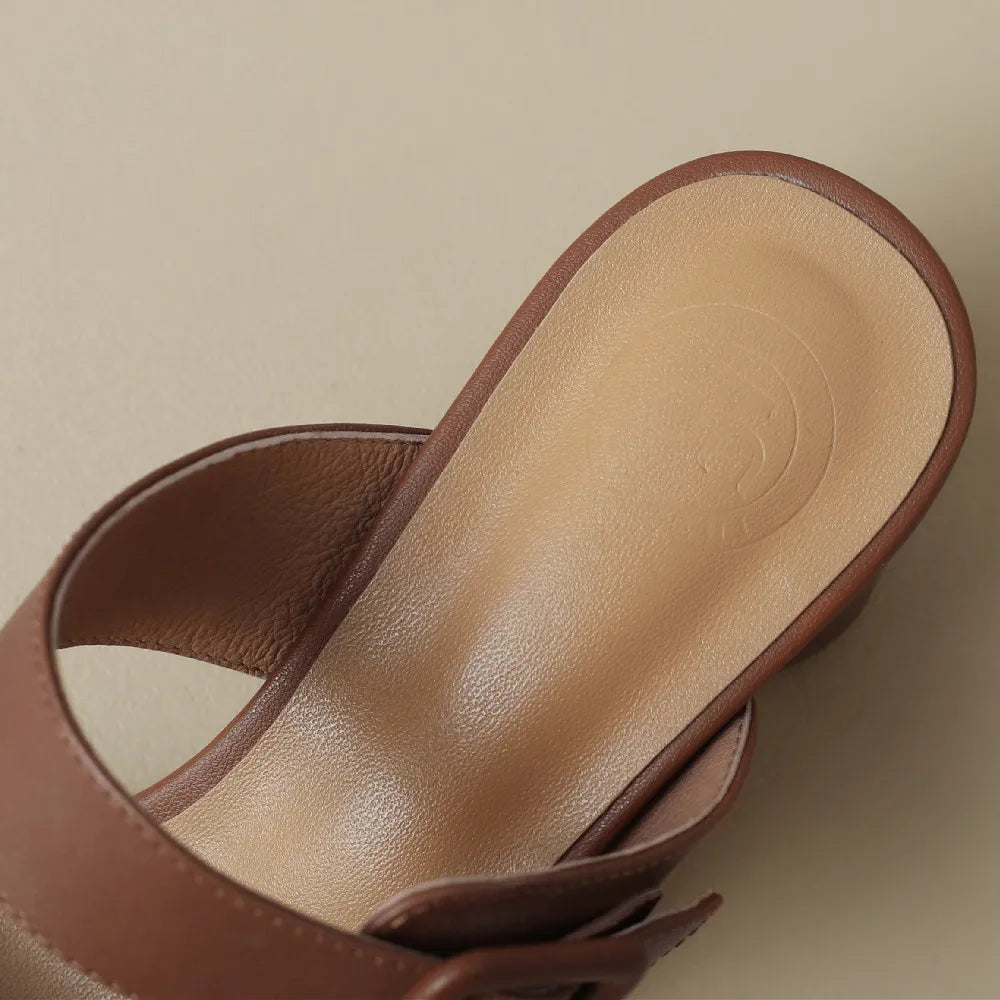 Women's sandals summer 2023 cow leather double metal belt 5.5cm thick med heel slip-on slippers elegant ladies slim daily pumps