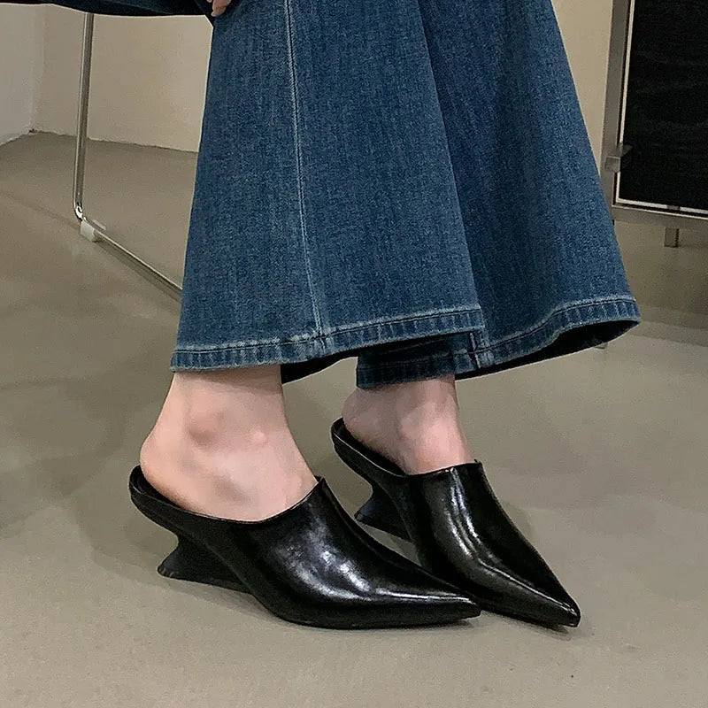 New Women Mules Wedges Shoes Female Pumps Slippers Fashion Pointed Toe Ladies Heeled Slides Slippers Sandals Wedges Shoes