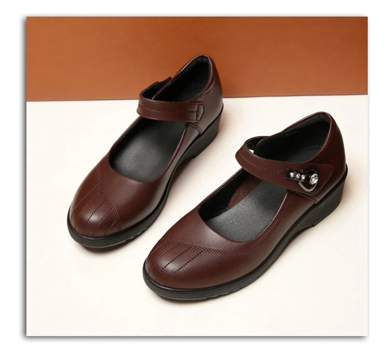 Women's Wedge Anti-slip  Ankle Strap Casual Office Comfortable Soft Leather Shallow Mouth Mom Shoes  Middle-aged Elderly