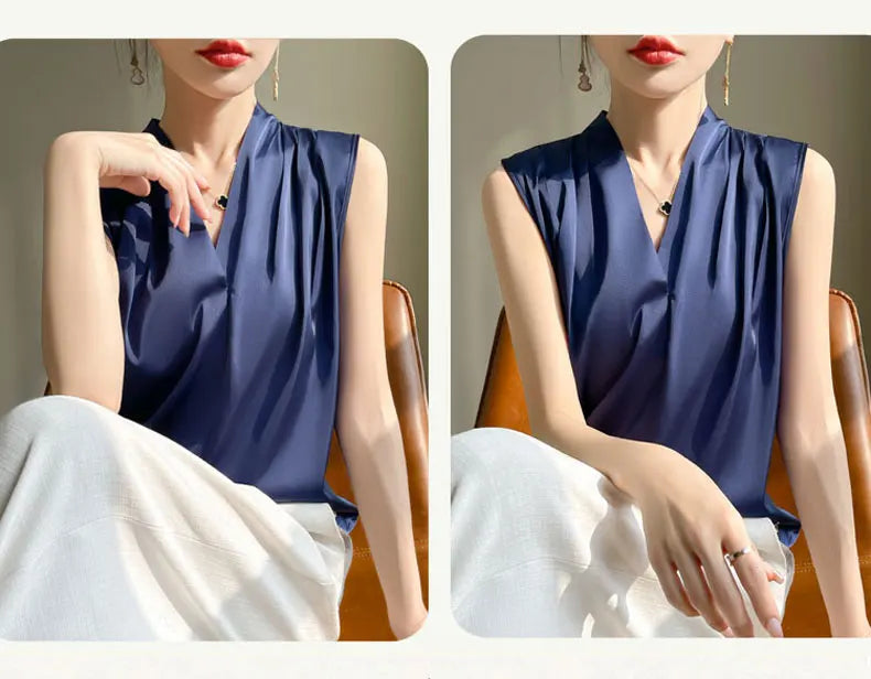 Womens Tops Blouses Solid Color White Satin Blouse Office Shirt Blusas Sleeveless Women Shirts Black White Female YTM A31