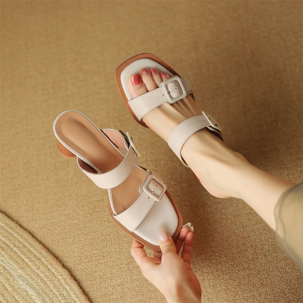 Women's sandals summer 2023 cow leather double metal belt 5.5cm thick med heel slip-on slippers elegant ladies slim daily pumps