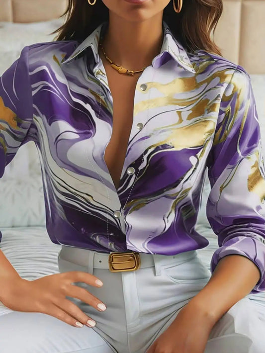 Women's Blouse Spring Summer Purple Gold Marble Print Collar Front Button Long Sleeve Satin Luxury Elegant Daily Office Top