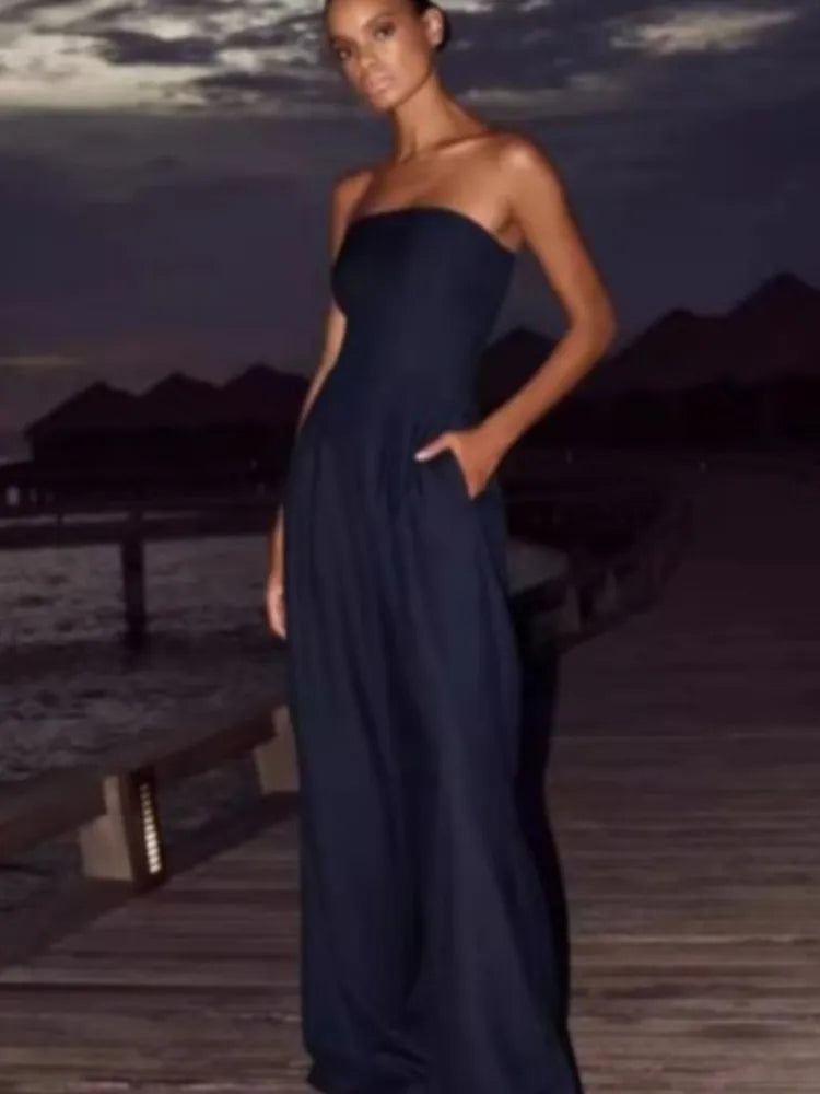 Summer Women Jumpsuit Fashion Strapless Solid Color Sleeveless Bandeau Loose Wide Legs Pants Casua Romper High Streetwear