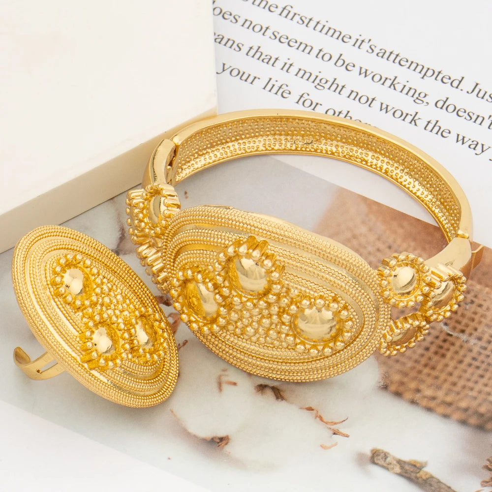 Brazilian Plated Bangle with Ring Jewelry for Ladies Exquisite Flower Design Hand Bracelet Finger Ring 2Pcs Set for Party