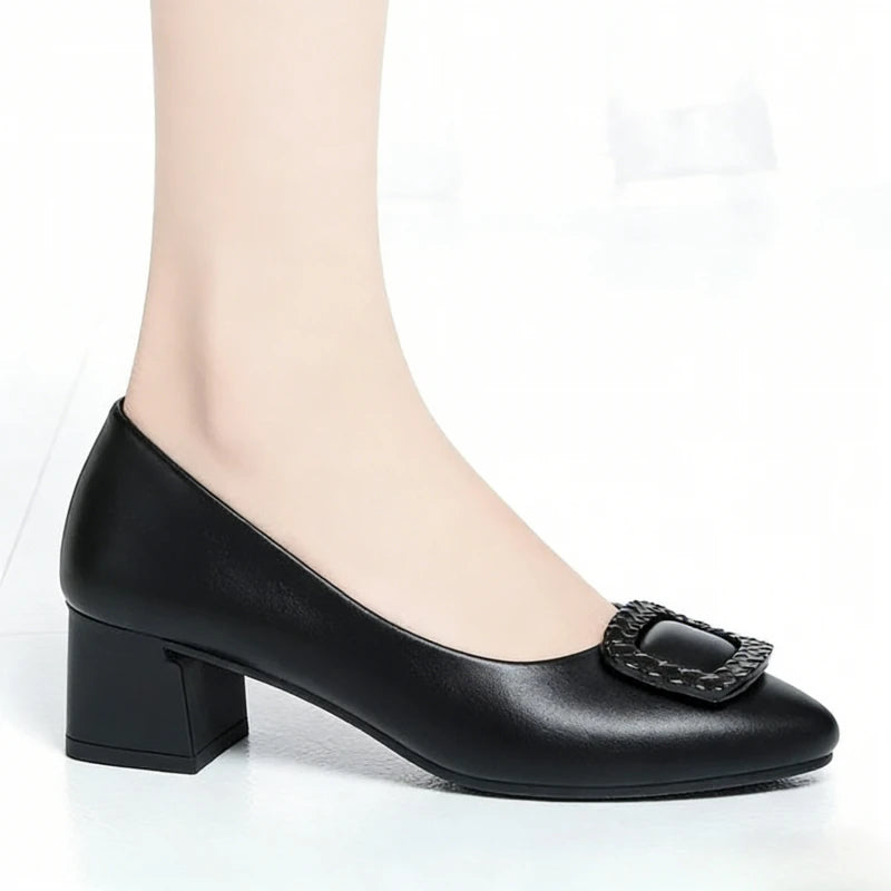 Women's Heeled Pumps—PU Leather Slip-On Dress Shoes, Lightweight Walking Shoes, Suitable for Mothers, Office Wear, and Everyday