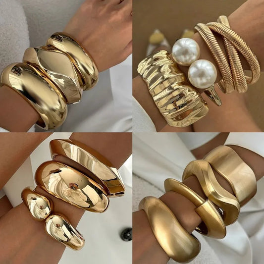 Golden Rock Geometric Metal Wide Open Bangles Statement Large Spring Cuff Bracelets Unisex Massive Party Jewelry Gifts New F