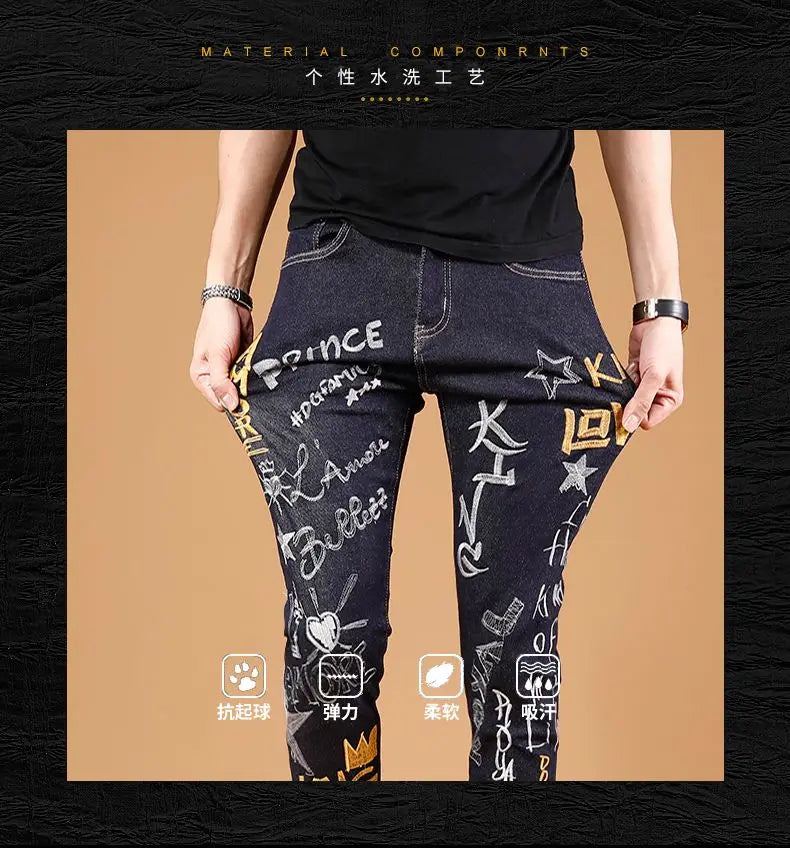 Summer New Embroidered Jeans Men Trendy Brand Korean Version Slim Fit Small Feet Trendy Casual Versatile Stretch Pants