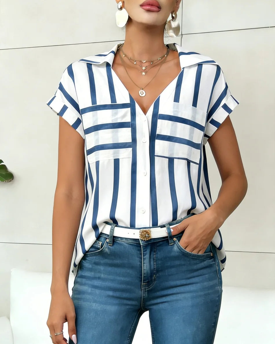 Women's Blouse Shirt Summer Top Navy White Top Vertical Stripe V Neck Short Sleeve Sleek Stylish Daily Shirt Casual Tops