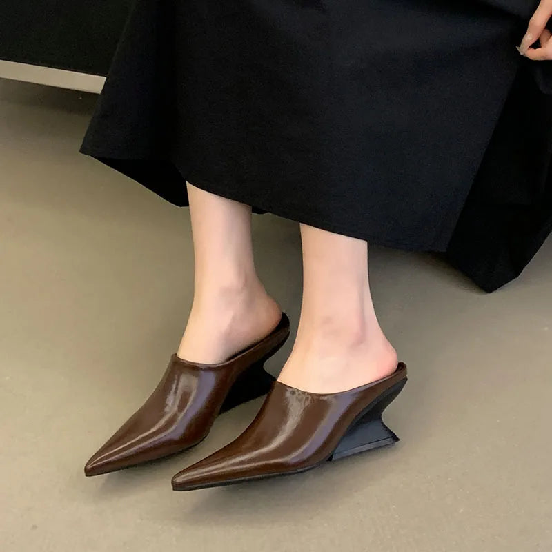 New Women Mules Wedges Shoes Female Pumps Slippers Fashion Pointed Toe Ladies Heeled Slides Slippers Sandals Wedges Shoes