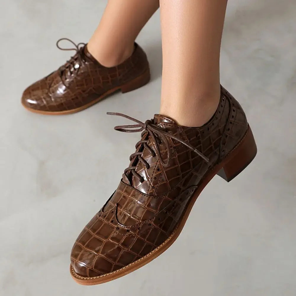 Women Shoes Spring New Fashion Round Toe Lace Up Retro Single Shoe for Office Party Walk Thick Low Heeled Big Size 48 775-1