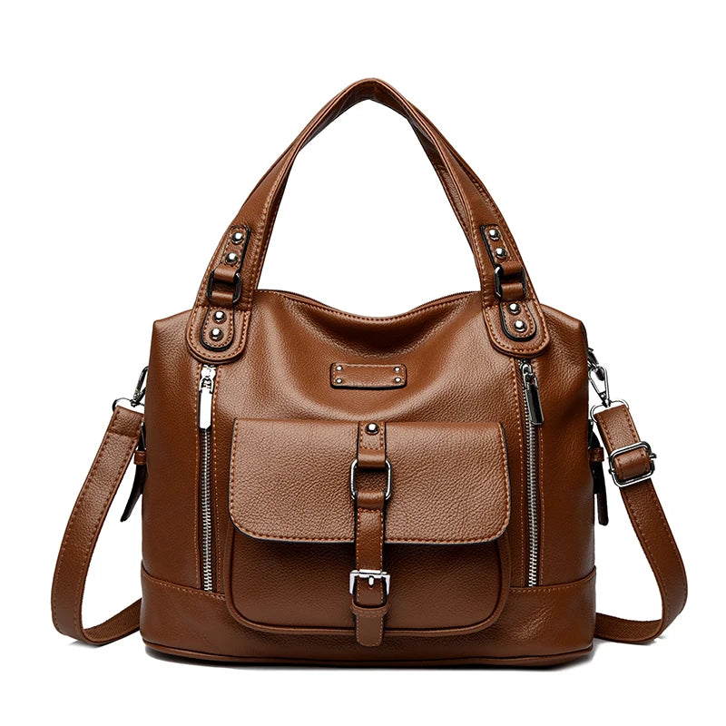 Women's Casual Tote Soft Leather Handbag Luxury Designer Shoulder Crossbody Hand Bag Ladies Shopping Sac Front Double Zipper