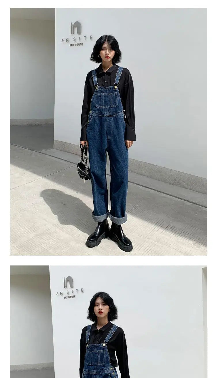 Jumpsuits Women Dark Blue Vintage Streetwear Harajuku Casual Fashion High Waist Loose Overalls Ulzzang Denim Suspenders Trousers