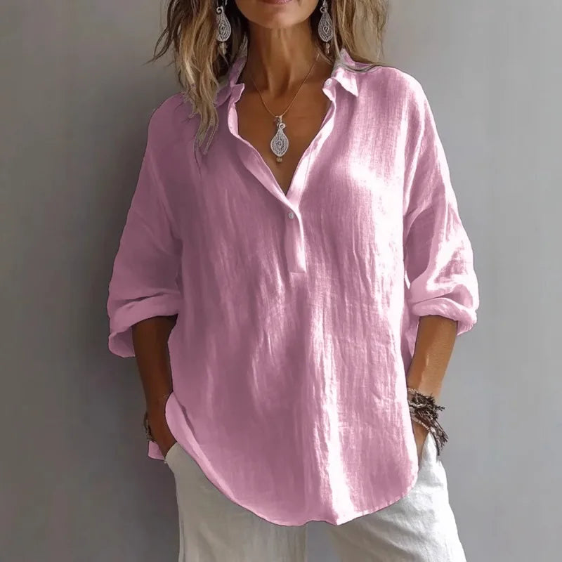 Women Cotton Linen Blouse Long Sleeve Turn Down Collar Solid Color Casual Loose Shirt Summer Breathable Office Lady Tops