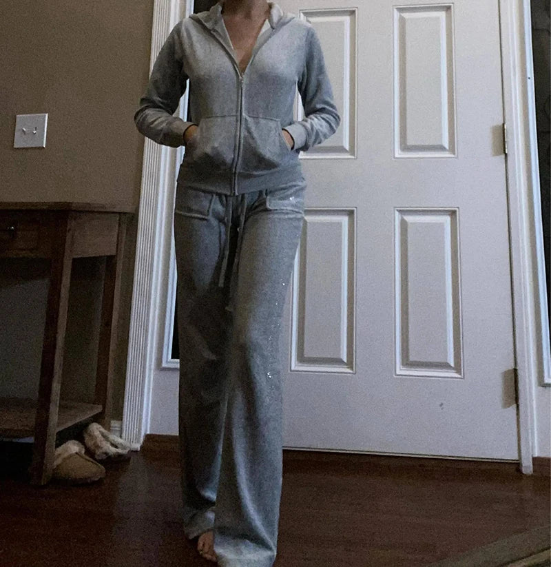 2 Pieces of Women's Outfit 2025 Fall Winter Women's Tracksuit Crystal Hoodies and Pant Sets Y2K Velvet Tracksuit