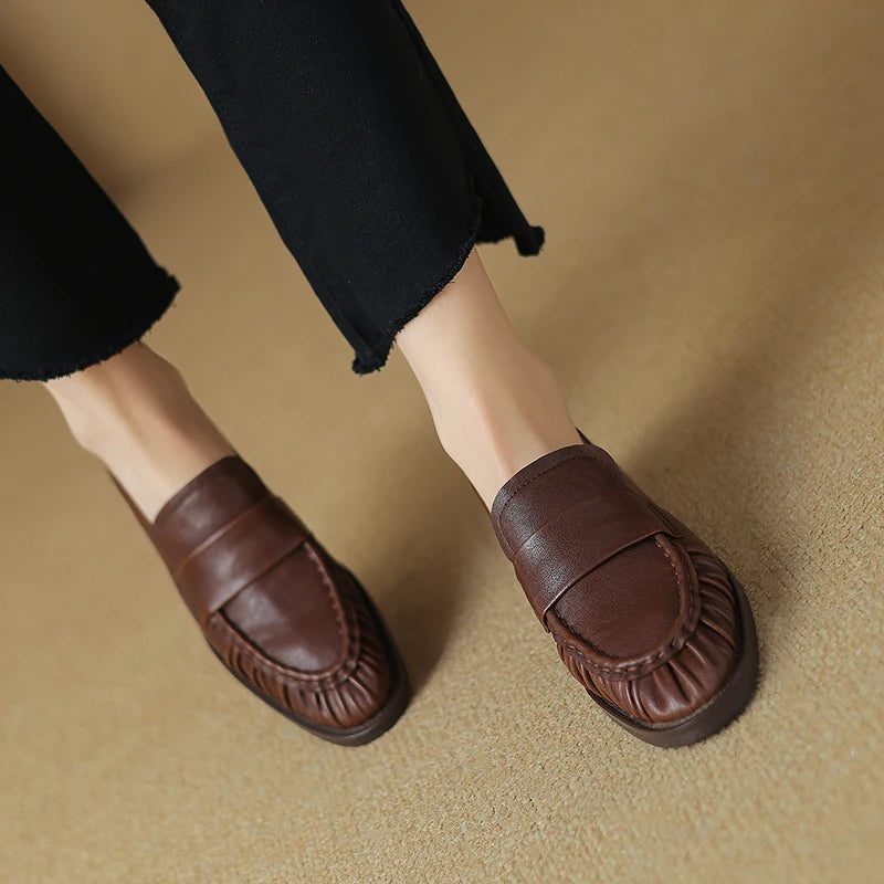 Women Shoes Spring Simple Shoes Soft Flats Slip On Girl Pleated Footwear Handmade Round Toe Genuine Leather Cozy Vintage Shoes