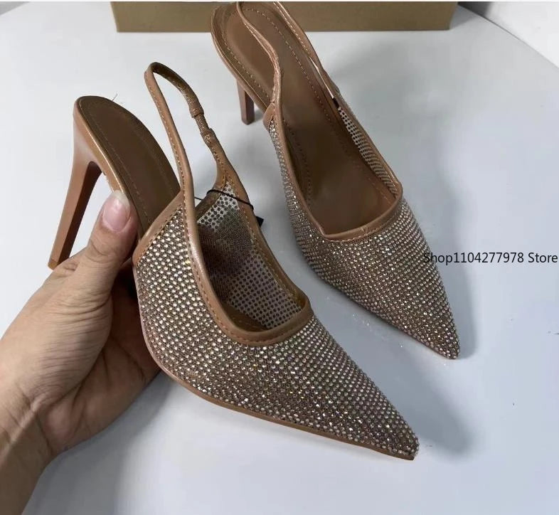2025 Women's High Heeled Sandals Transparent Pointed Toe Elegant Ladies Fashion Shoes Pearl Decoration Slingback Sandal Size 42