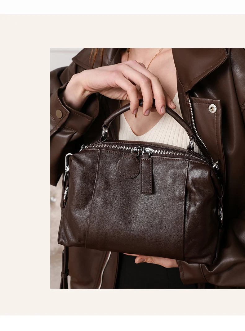 Women's Handbag 2025 New Top Grain Leather Boston Bag Unique Shoulder Crossbody Bag Vintage Commuting Versatile Handheld Tote