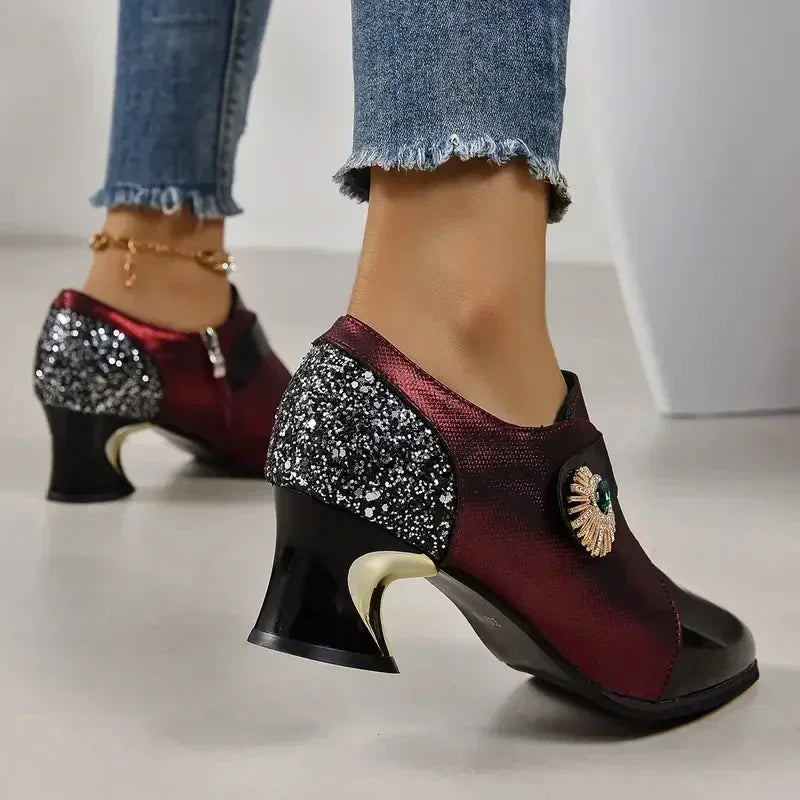 Women's Elegant Pumps High Heels Dress Shoes Pointed Toe Flowers Pearl Boat Shoes Slip on Office Work Zapatos Mujer 2025