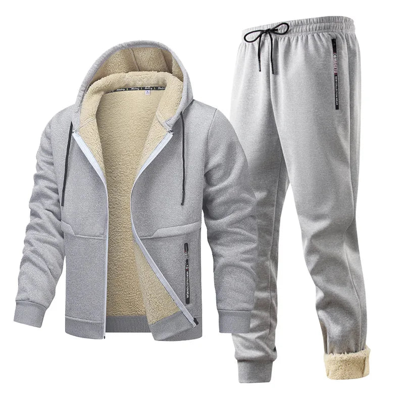 Men's Fleece Tracksuit Set Hooded Jacket + Pants Winter Warm Sherpa Lining Sports Suit Casual Outfit Eurban Style Workout Set
